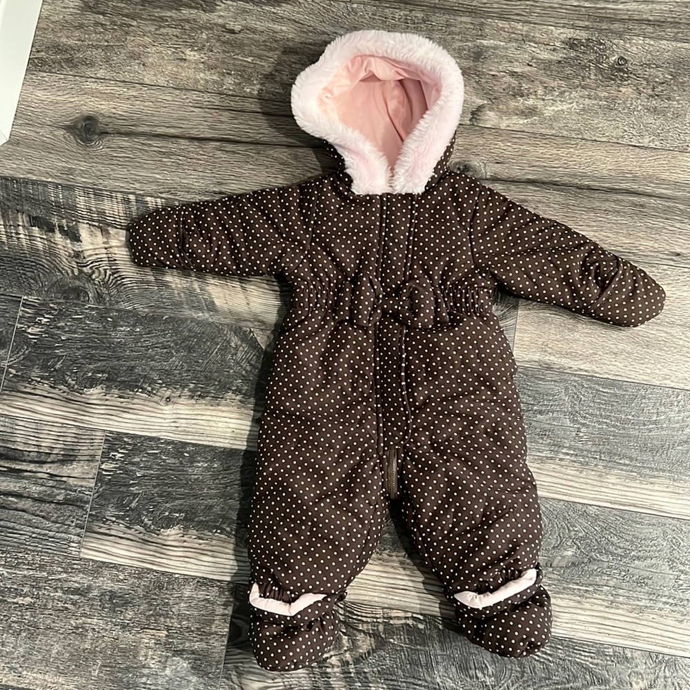 First impressions 3-6 months baby snowsuit brown pink polka dots guc